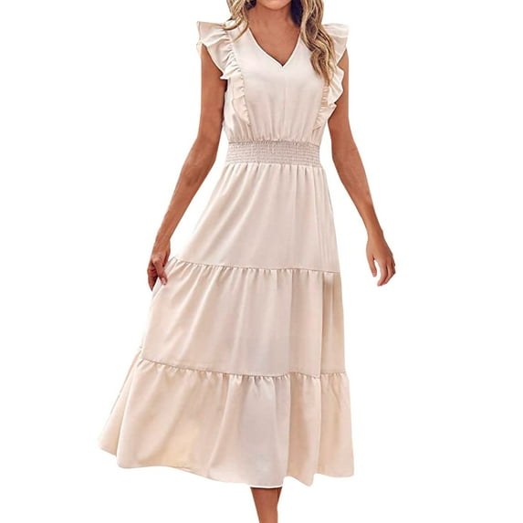 Sngxgn Women's Summer Dresses Collar V Neck Sleeveless Midi Dress Causal Stripes Ribbed Knit Bodycon Dresses(White,M)