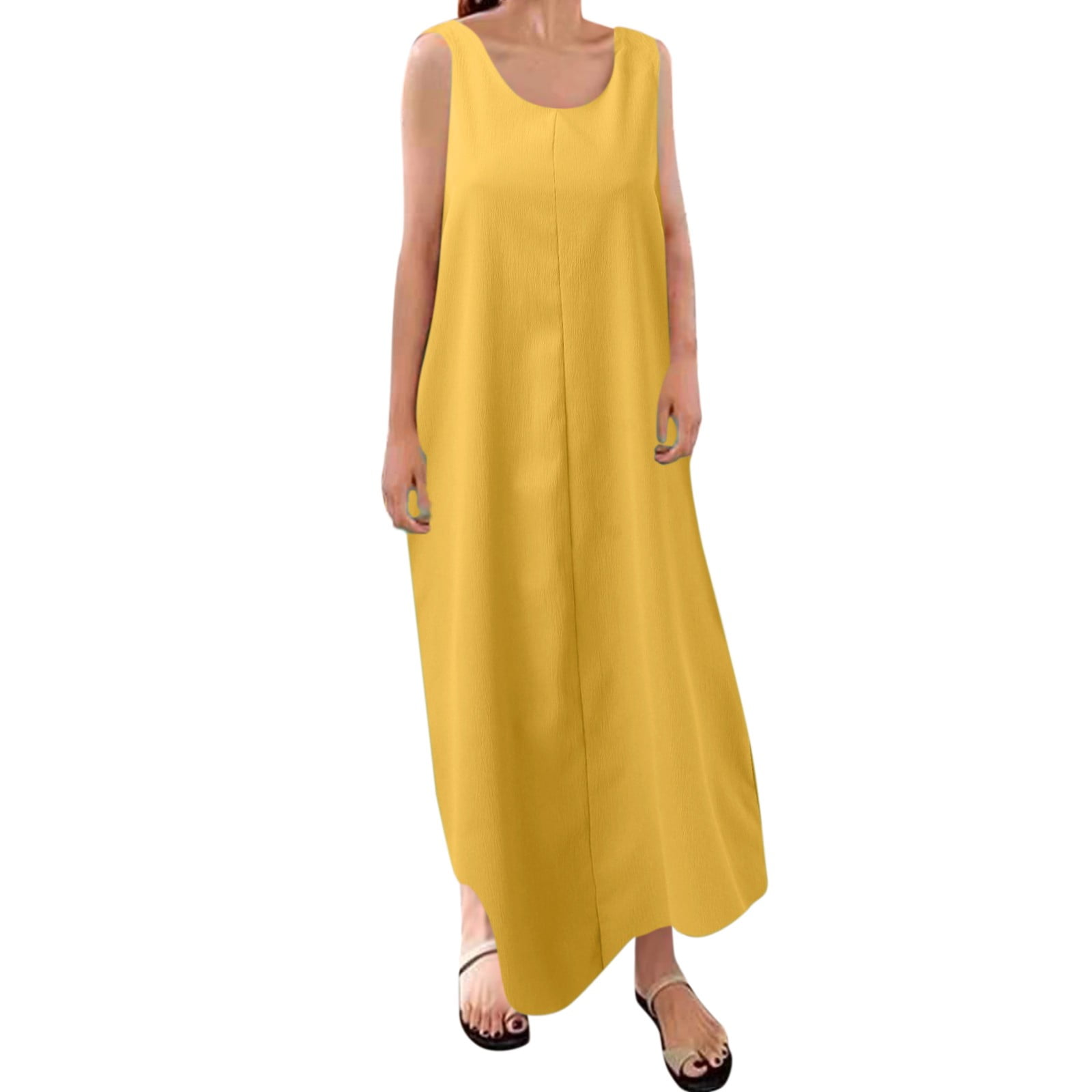 Ready to Ship Yellow Stripe Eyelet Sleeveless Buttoned Split Neck Sweater Dress