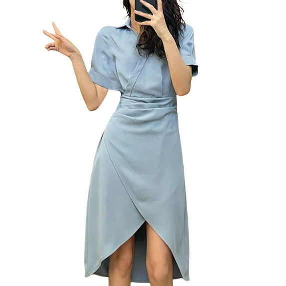 Sngxgn Women's Summer Long Sleeve Dress Crewneck Lace Flowy Tiered Midi Dresses(Blue,XXL)