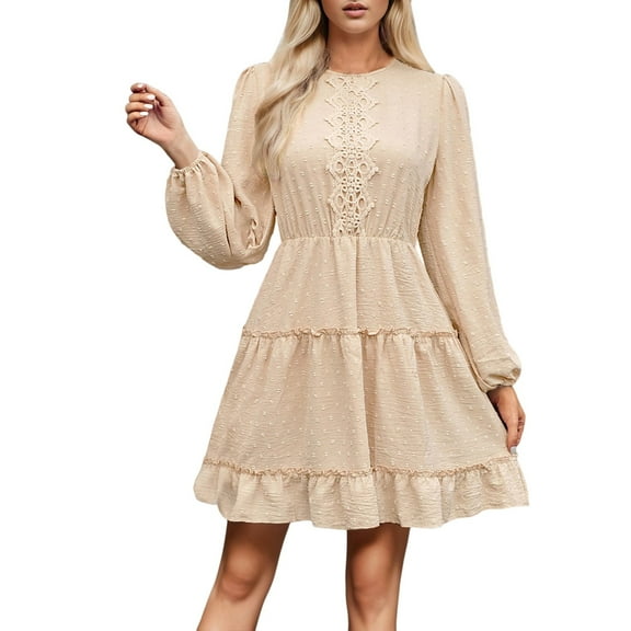 Sngxgn Women's Sweettheart Neckline Long Sleeve Dress Side Slit Stretch Flare Mini Dress(Beige,M)
