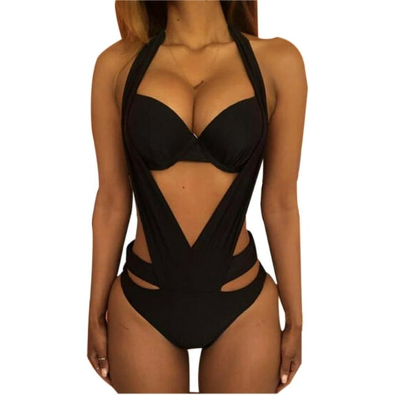 Sngxgn Women's Swimsuit Plunge Neckline Cutout Criss Cross Bathing Suit(Black,L)