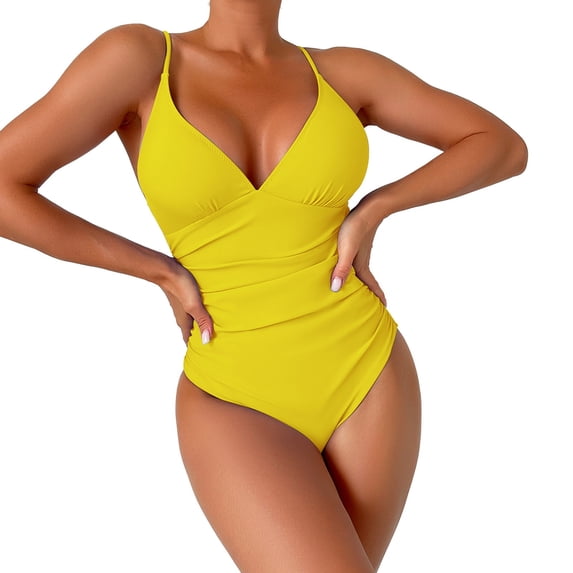 Sngxgn Women's Swimsuit Tummy Control Bathing Suit Ruffle V Neck Swimwear(Yellow,S)