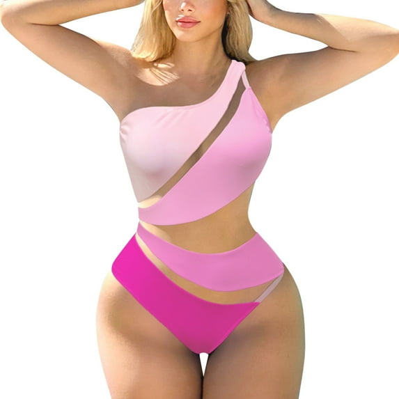Sngxgn Women's Swimsuit Tummy Control Deep V Neck Double Straps Crisscross Back Tie Bathing Suit(Pink,M)