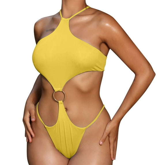 Sngxgn Women's Swimsuits Ruched Bathing Suit Tummy Control Back Tie(Yellow,L)