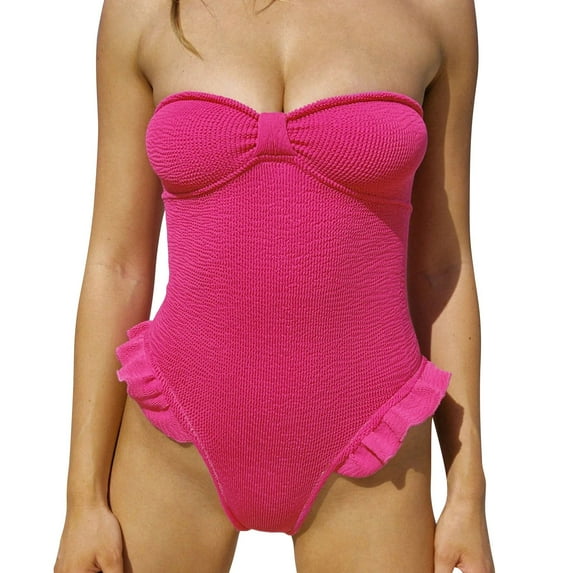 Sngxgn Women's Swimsuits Tummy Control V Neck Bathing Suit Twist Front Ruffle Swimwear(Hot Pink,M)