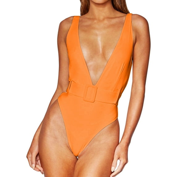 Sngxgn Women's Swimsuits Tummy Control V Neck Bathing Suit Twist Front Ruffle Swimwear(Orange,M)