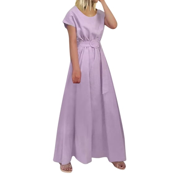 Sngxgn Women's V Neck Flared Sleeve Dress Elastic Waist Tiered Belted Ruffle Hem Mini Dress(Purple,L)