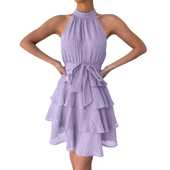 Sngxgn Women's V Neck Flared Sleeve Dress Elastic Waist Tiered Belted Ruffle Hem Mini Dress(Purple,XL)