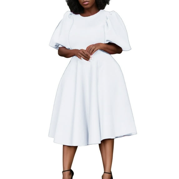 Sngxgn Women's V Neck Flared Sleeve Dress Elastic Waist Tiered Belted Ruffle Hem Mini Dress(White,XL)