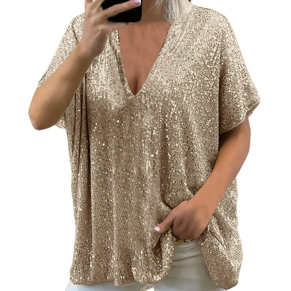 Sngxgn Women's V Neck Short Sleeve Long Sleeve Slim Fit T Shirt Tops Tee(Gold,XXL)