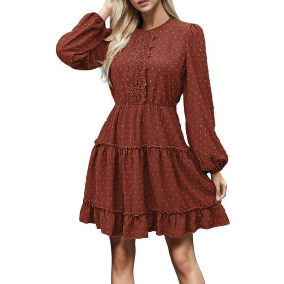 Sngxgn Women's V Neck Swing Ruffle Long Sleeve Mini Dress(Red,M)