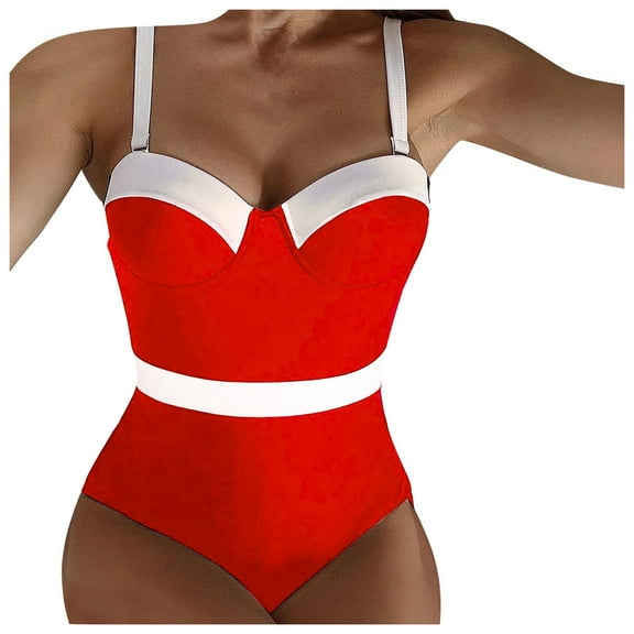 Sngxgn Women's Vintage Padded Push up Swimsuits Tummy Control Bathing Suits Swimwear(Red,L)