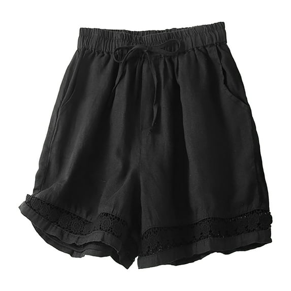 Sngxgn Women's Wide Leg Shorts with Pockets Lightweight High Waisted Adjustable Tie Knot Loose Summer Trousers(Black,XXL)