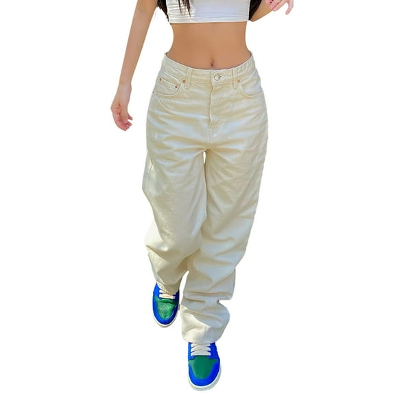 Sngxgn Womens Cargo Pants Lightweight Straight Wide Leg Casual Trousers Y2K Streetwear Pants(White,L)