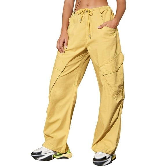 Sngxgn Womens Cargo Pants With Pockets Baggy Casual Petite Low Waist Straight Y2k Pants Baggy Jogger Loose Pants(Yellow,M)
