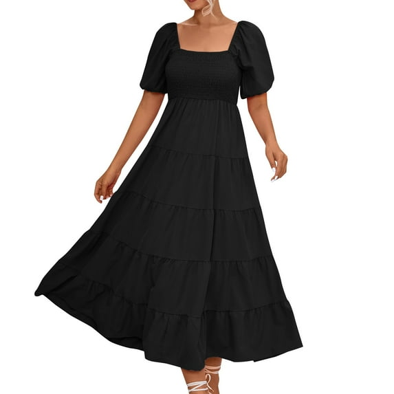 Sngxgn Womens Casual Long Dress Short/Long Sleeve Summer Loose Maxi Dresses(Black,M)