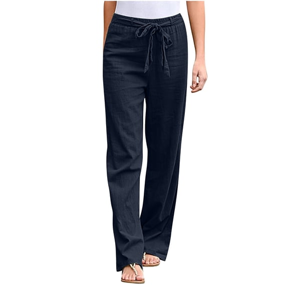 Sngxgn Womens Casual Loose Pants Comfy Cropped Work Pants with Pockets Elastic High Waist Pants(Navy,M)