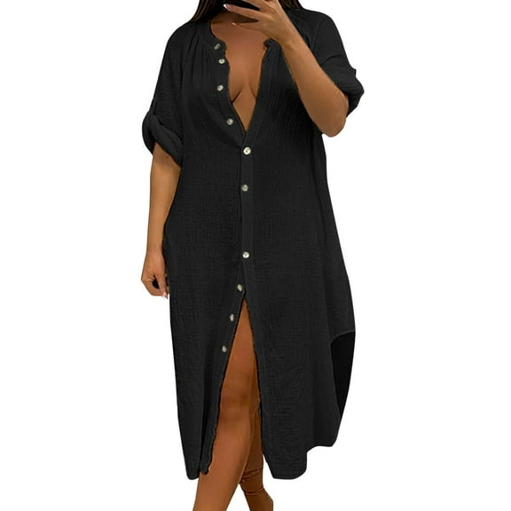 Sngxgn Womens Cotton Short Sleeve Casual Loose Crew Neck Beach Dress(Black,S)