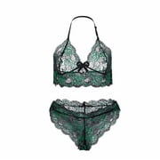 Sngxgn Womens Halter Plunging Lingerie Floral Lace Bodysuit Mini Negligee for Boudoir Outfits(Green,XXXXL)