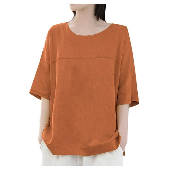 Sngxgn Womens Lace Short Sleeve V Neck T Shirts Summer Casual Tops Loose Fit Tees Blouses(Orange,L)