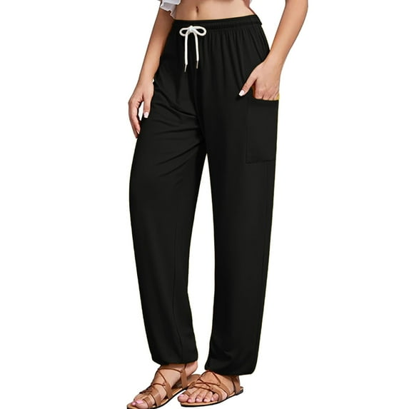 Sngxgn Womens Lounge Pants Slacks Drawstring Casual Wide Leg Pants for Women Trousers(Black,S)