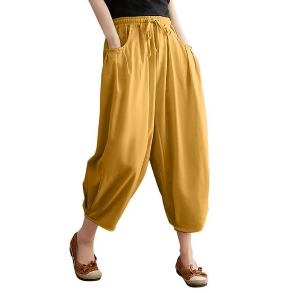 Sngxgn Womens Mid-Rise Stretch Pants Casual Work Pants(Yellow,XXL)