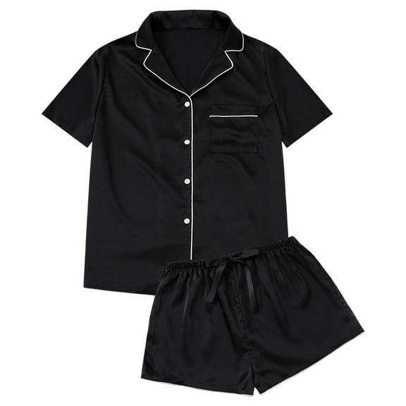 Sngxgn Womens Pajamas Loungewear Sleepwear Button-up Pj Set(Black,XL)