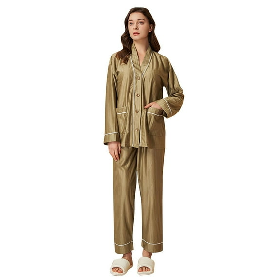 Sngxgn Womens Pajamas Set Short Sleeve Tops with Pants Pjs Soft V Neck Sleepwear Lightweight Loungewear(Khaki,XL)