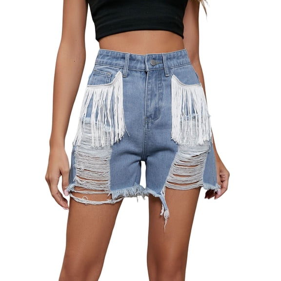 Sngxgn Womens Ripped Jean Shorts High Waisted Stretchy Frayed Distressed Raw Hem Denim Shorts(Blue,M)