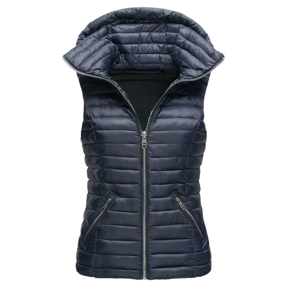 Sngxgn Womens Vests Outerwear, Womens Zip up Stand Collar Sleeveless Padded Cropped Puffer Vest(Navy,XL)