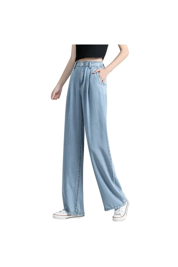 Womens Wide Leg Casual Jeans Crossover Waisted Stretchy Y2K Denim Pants(A,XL)