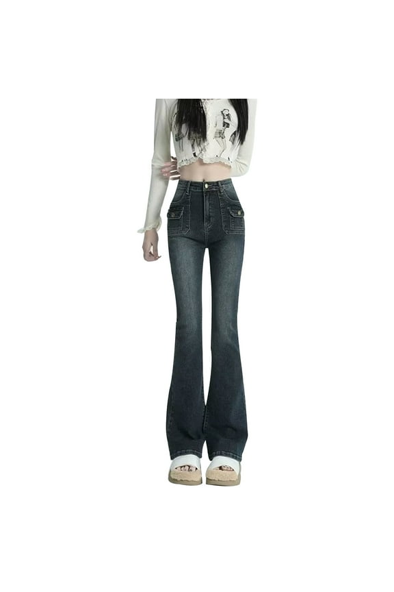 Womens Wide Leg Casual Jeans Crossover Waisted Stretchy Y2K Denim Pants(Blue,M)