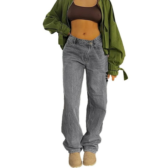 Sngxgn Womens Wide Leg Casual Jeans Crossover Waisted Stretchy Y2K Denim Pants(Grey,M)