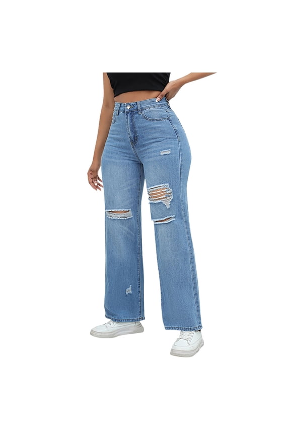Womens Wide Leg Casual Jeans Crossover Waisted Stretchy Y2K Denim Pants(Light Blue,L)