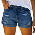 thumbnail image 1 of Sngxgn Women High Waisted Skinny Stretchy Denim Shorts Casual Frayed Raw Hem Ripped Short(Dark Blue,XL), 1 of 5