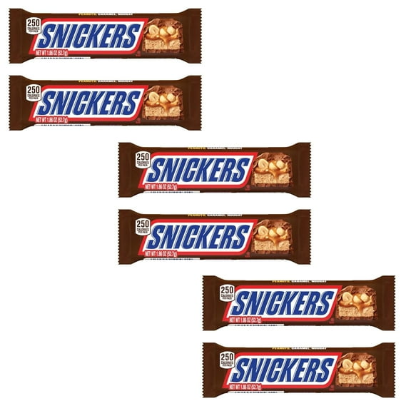 Snickers Caramel Milk Chocolate Candy Bars, 6 Full Size Bars, 1.86 oz Each