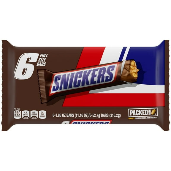 Snickers Full Size Chocolate Candy Bars, 11.16 oz, 6 pk (Package May Vary)