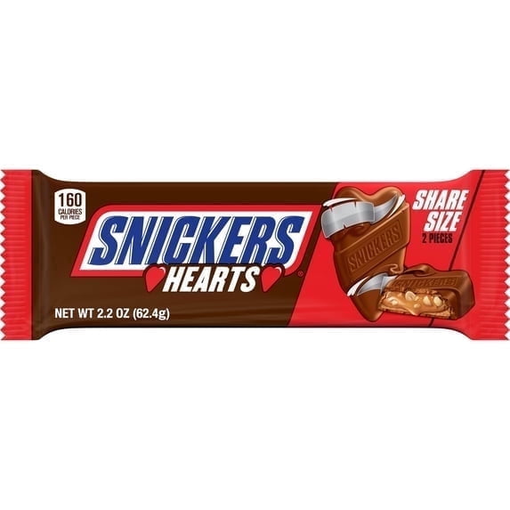 Snickers Milk Chocolate Hearts Valentines Day Candy Bars, Share Size - 2.2 oz Pack