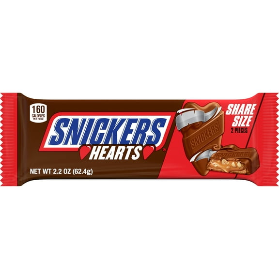 Snickers Milk Chocolate Hearts Valentines Day Candy Bars, Share Size - 2.2 oz Pack