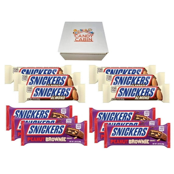 Snickers Singles Size Chocolate Candy Bars, Assorted Variety Box By CANDY CABIN Almond - Brownie, 12 Pack