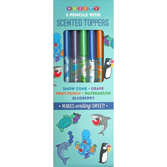 Snifty Scented Pencil Toppers with Aquarium Themed Pencils, 5 Pack, Blue