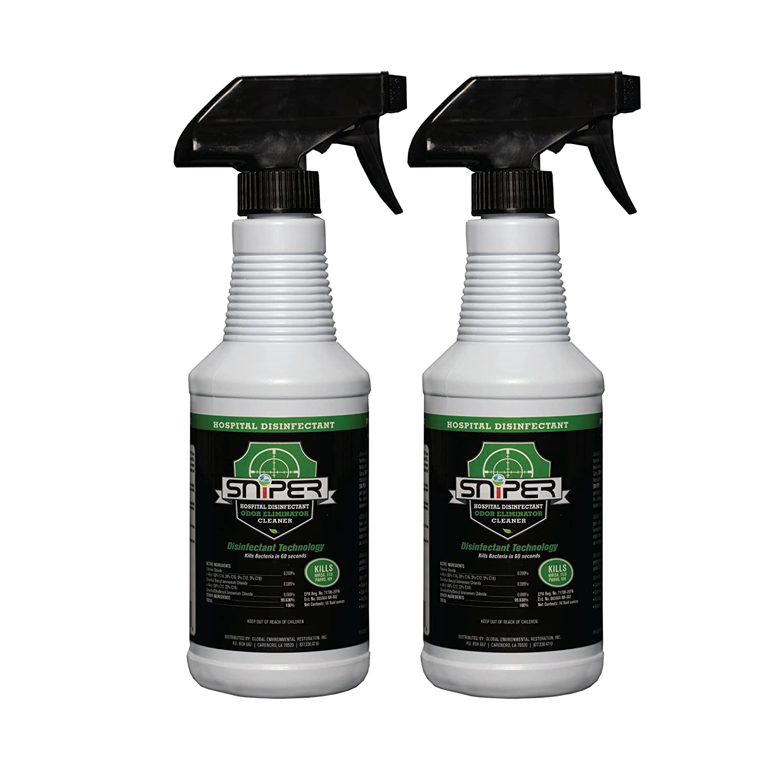 Sniper Hospital Disinfectant, Odor Eliminator and All-Purpose Cleaner, 16 Ounce Spray, 2 Pack