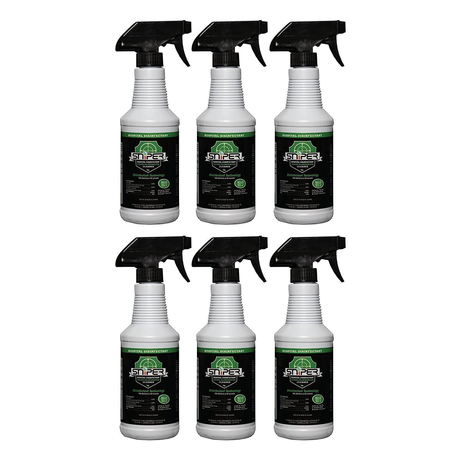 Sniper Hospital Disinfectant, Odor Eliminator and All-Purpose Cleaner, 16 Ounce Spray, 6 Pack