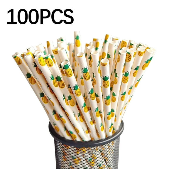 Snmubt 100PCS Disposable Kraft Paper Straw Pineapple Pattern, Biodegradable, for Party, Wedding, Summer Tropical Theme