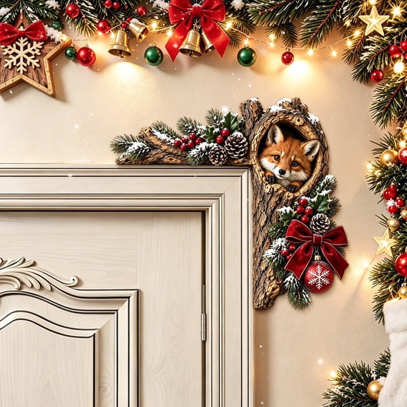 Snmubt 2D Printed Wooden Animal Door Corner Decor, Fox with Pinecones and Holly Leaves, Woodland Christmas Decor for Home Entryway