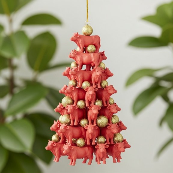 Snmubt 2D Stacked Farm Animal Christmas Ornament, Cow Design with Hanging Ribbon, Farmhouse Tree Decoration for Home Decor