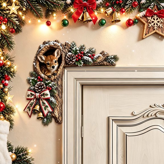 Snmubt 2D Wooden Animal Door Corner Decor, Squirrel with Pinecones and Rustic Bow, Woodland Christmas Decor for Living Room