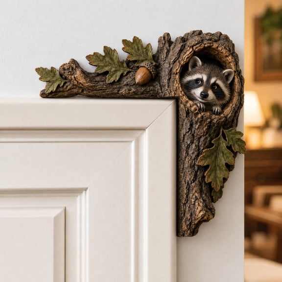 Snmubt 2D Wooden Forest Animal Door Corner Decor, Raccoon Tree Hollow Design, Christmas Decorations for Living Room Entryway