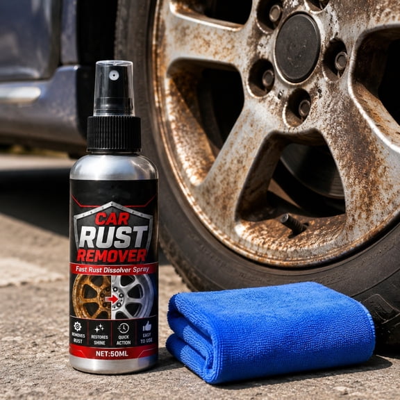 Snmubt 50ml Car Rust Remover Spray Kit, Fast-Acting Wheel Iron Powder Dissolver with Microfiber Towel, Portable Metal Cleaner