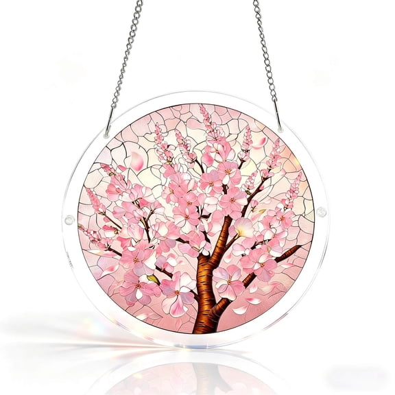 Snmubt Acrylic Puzzle Suncatcher Window Hanging Ornament, Round Stained Glass Floral Catcher, 4th of July Festive Decor Gift for Window Door, Color A (Pink)